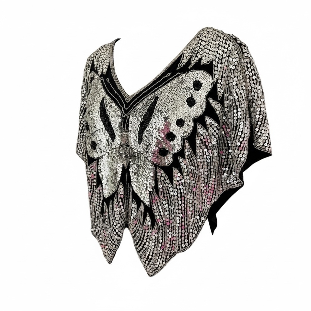 Vintage Sequin Butterfly Disco Top 100% Silk Size Small - Picture 6 of 12